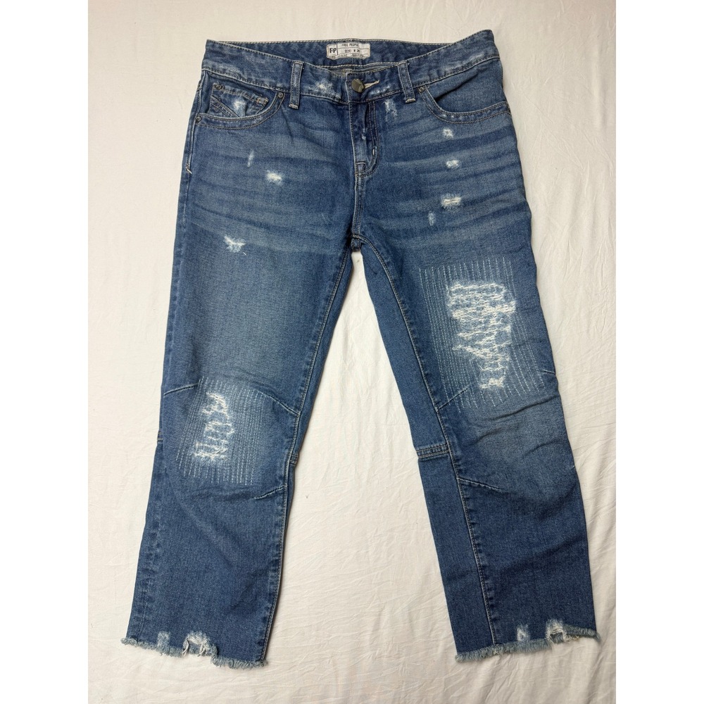 Free People Distressed Repair Patch Raw Hem Crop Boyfriend Jeans Blue W26